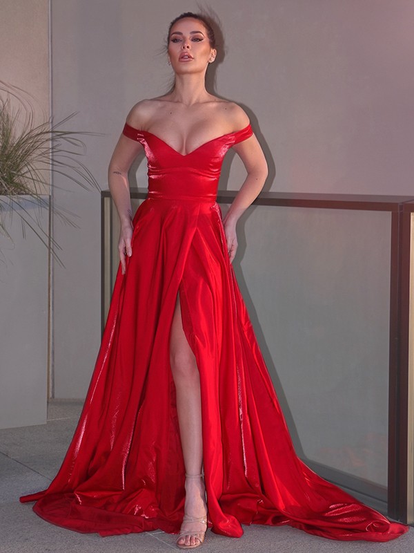 Red Off-The-Shoulder Split Long Evening Dress