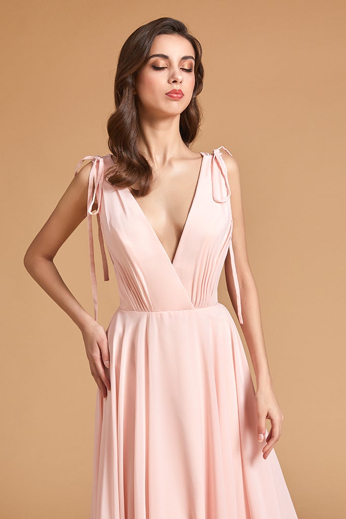 Pink Backless V-Neck Bridesmaid Dress