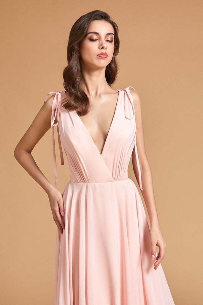 Pink Backless V-Neck Bridesmaid Dress
