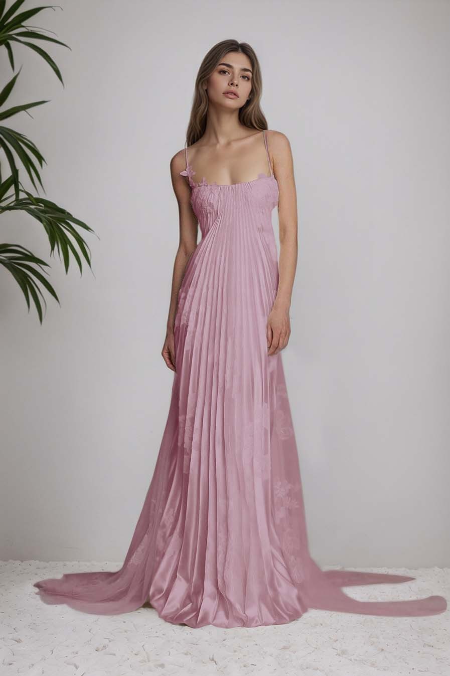 Stain Spaghetti Strap Sleeveless Long Formal Dress With Appliques