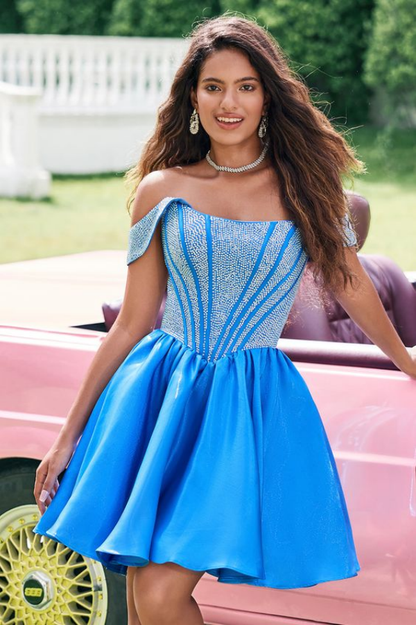 Blue Beaded Strapless Short Mini cocktail Dress