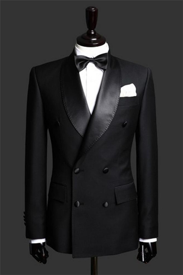 Fancy Black Double-Breasted Satin Lapel Two-Piece Wedding Tuxedos (Jacket Pants)