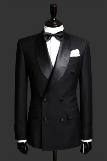 Fancy Black Double-Breasted Satin Lapel Two-Piece Wedding Tuxedos (Jacket Pants)