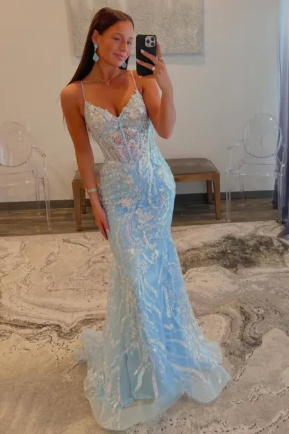 Elegant Blue Mermaid Corset Prom Dress with Sequins and Spaghetti Straps