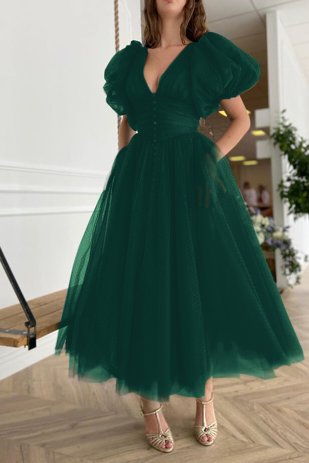 Dark Green Evening Dress A-Line With Short Sleeves V-Neck