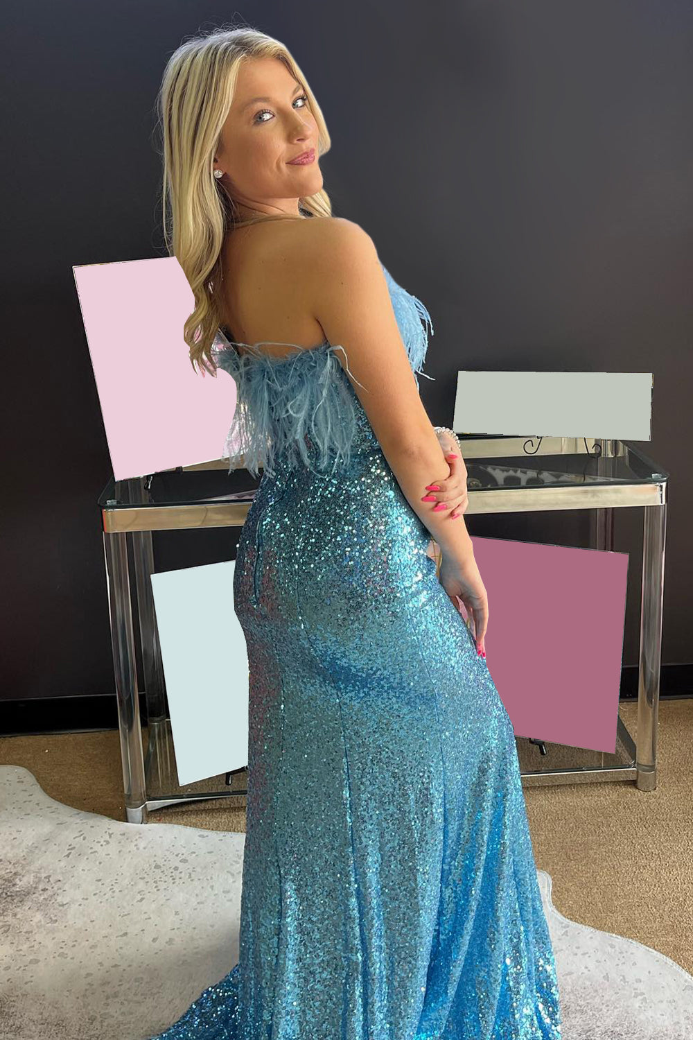 Light Blue Mermaid Prom Dress with Sequins and Feathers Strapless Long Style