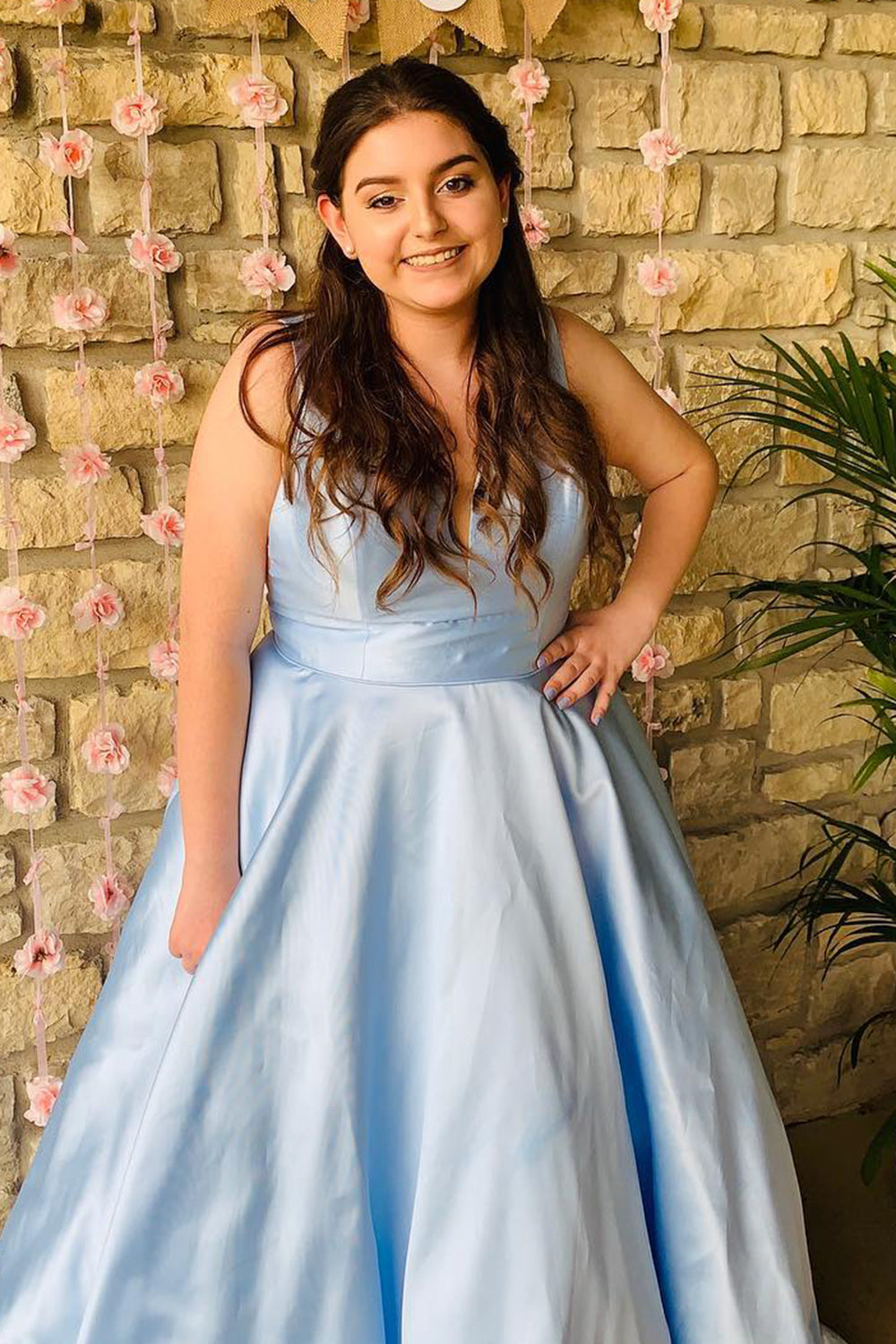 Light Blue Plus Size A-Line Prom Dress with Deep V Neckline
