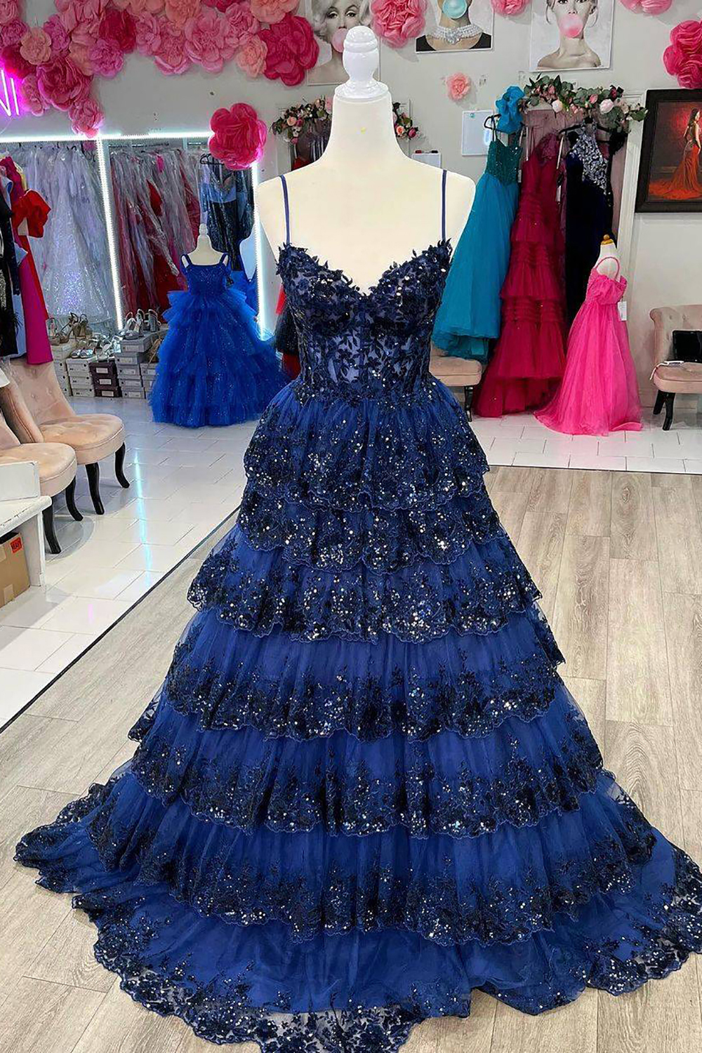 Black Lace Corset Prom Dress with Spaghetti Straps and Ruffles