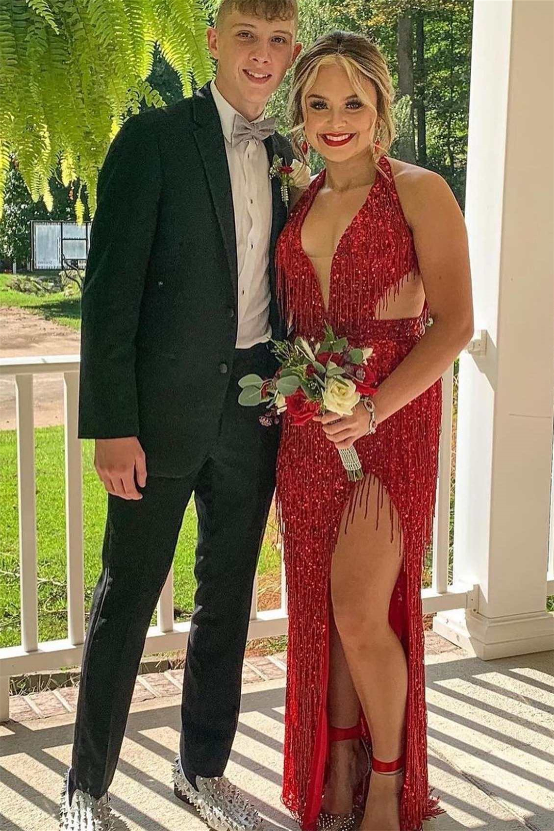 Red Halter V-Neck Sequins Mermaid Wedding Dress with Tassels