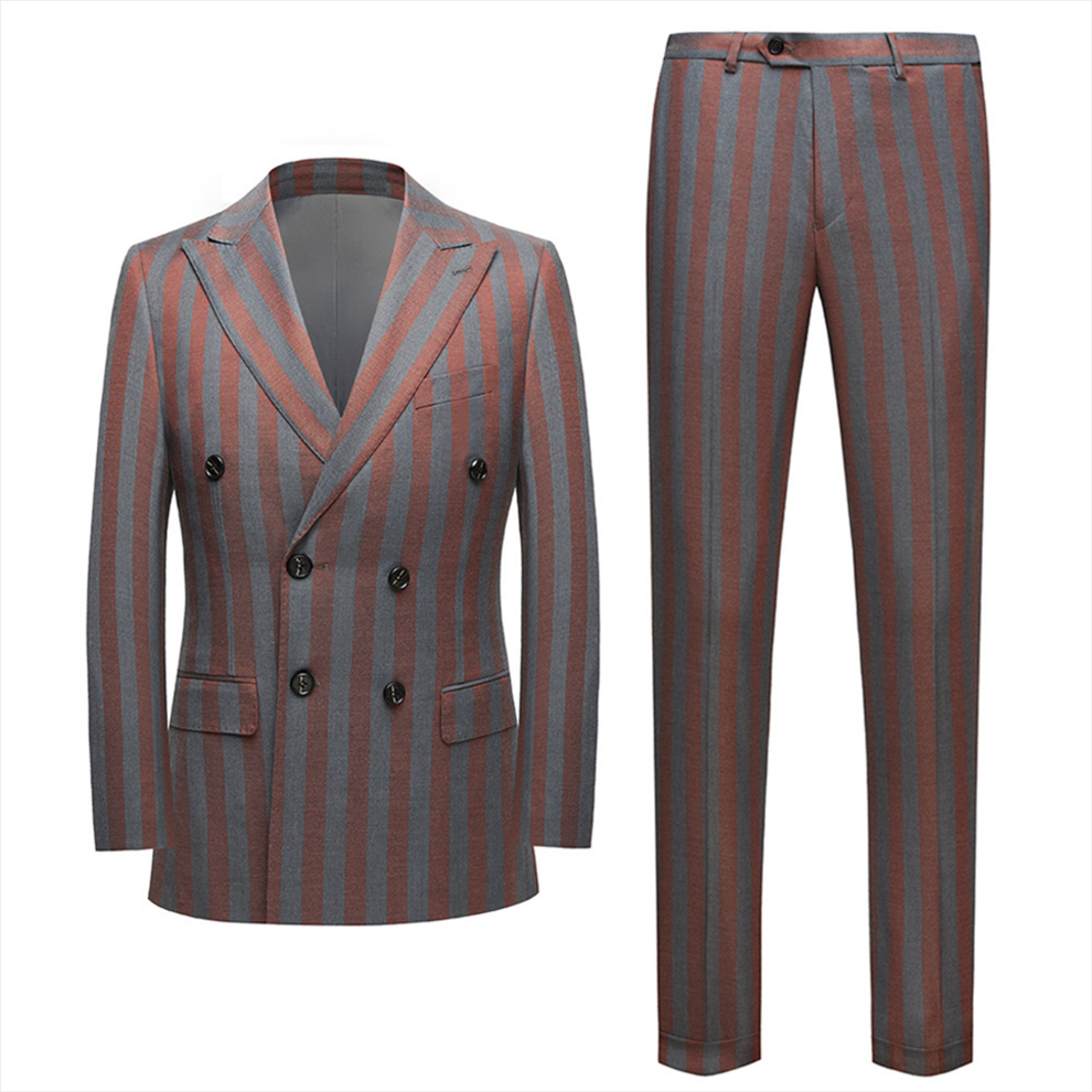 Casual Summer Red and Gray Stripes Double-Breasted Wedding Suit Ideas