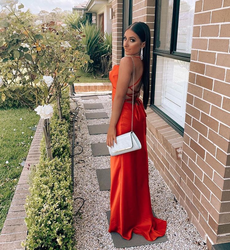 Spaghetti-Straps Red Evening Dress With Slit