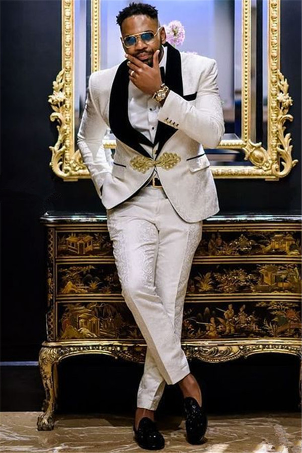 Elegant Black Three-Piece Lapel Wedding Groom Men's Suit with White Jacquard