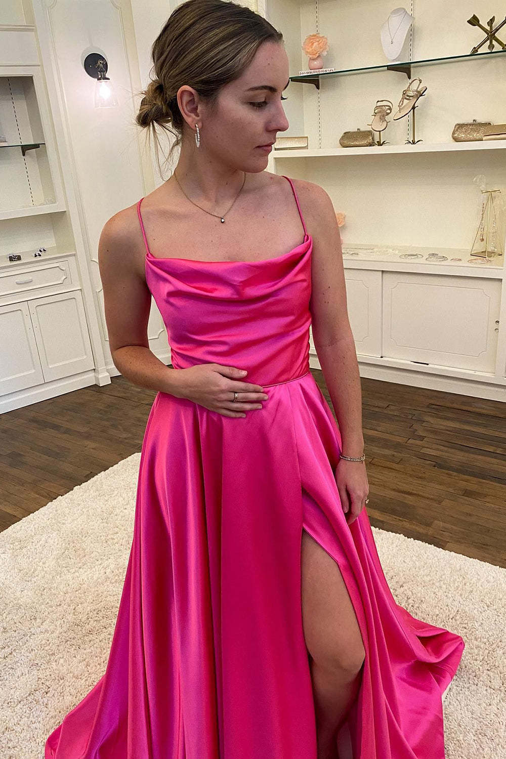 Long Hot Pink Prom Dress with Spaghetti Straps and Front Split in A-Line Style