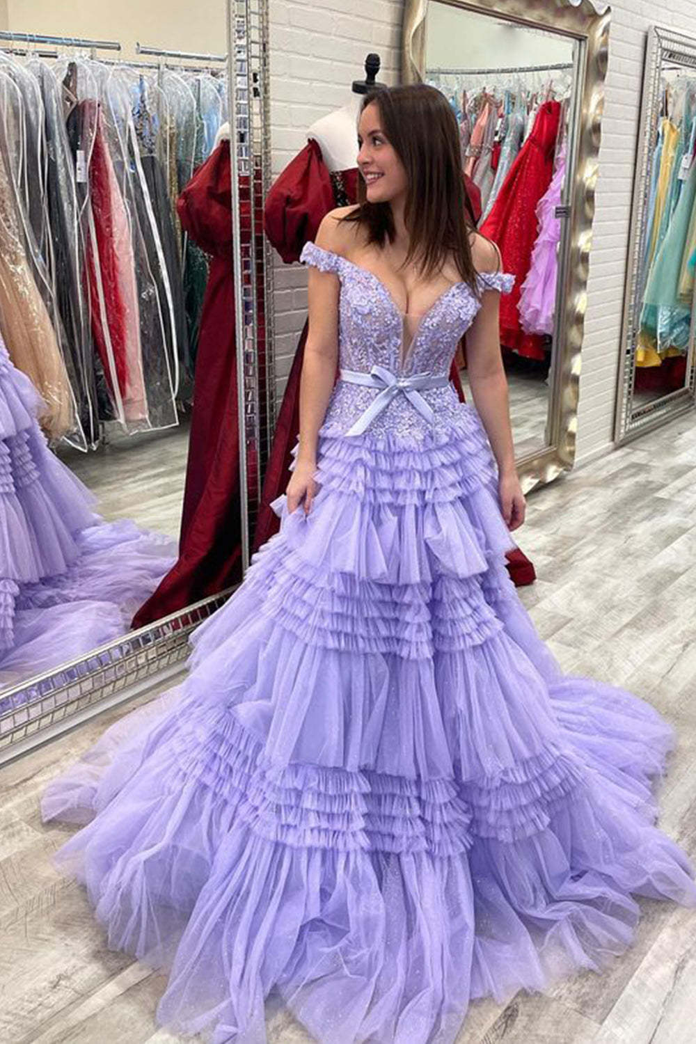 Ivory Off-the-Shoulder Princess A-Line Prom Dress with Ruffles