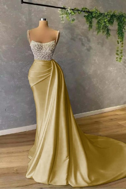 Spaghetti-Straps Elegant Pearl Mermaid Evening Dress With Sequins Pleat