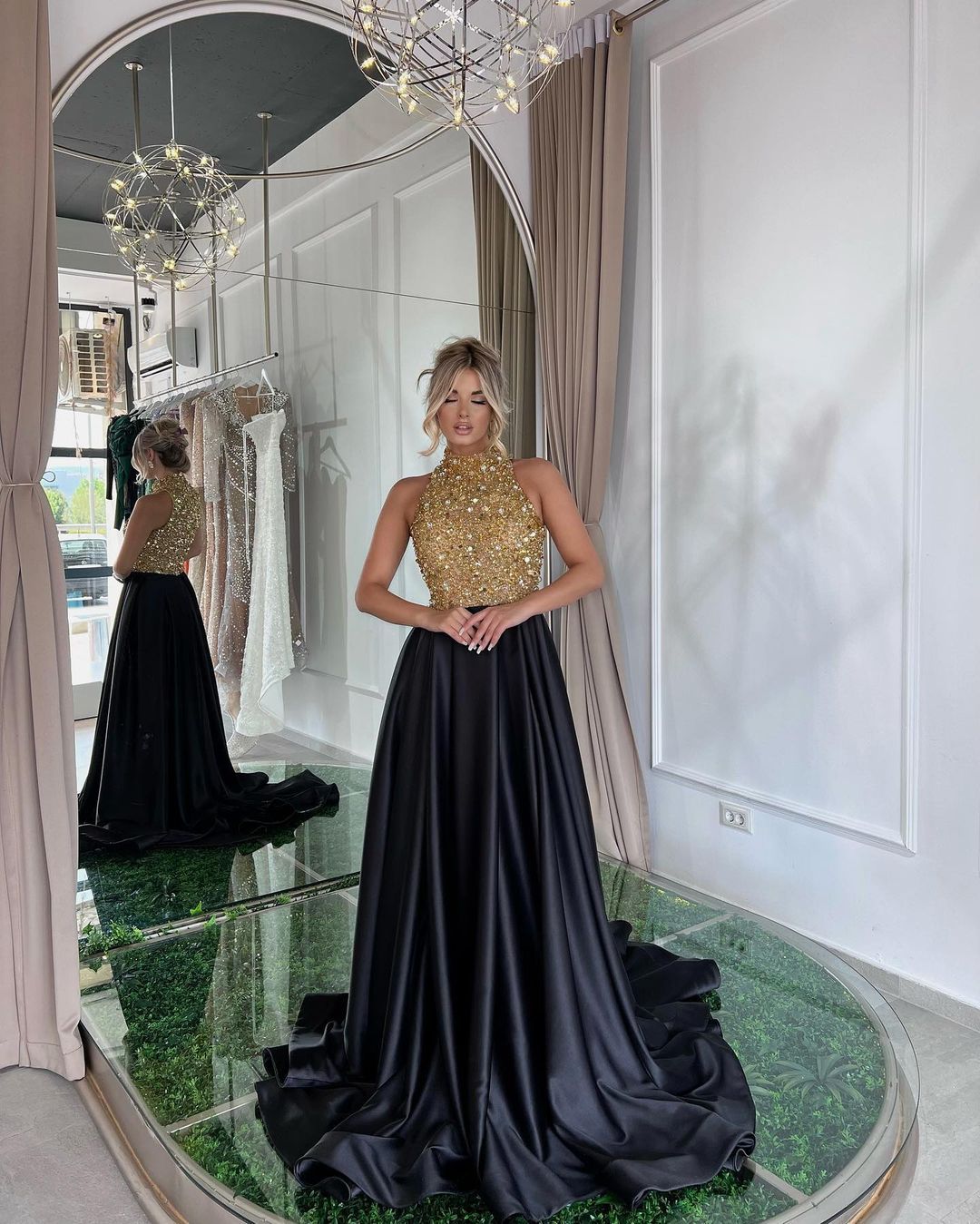 Elegant Sequins Formal Dress Gold Black Long Sleeveless Halter