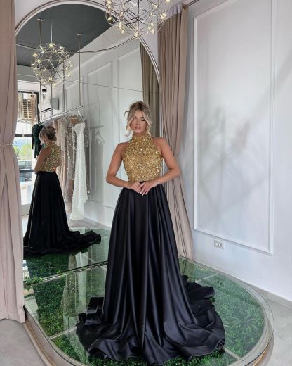 Elegant Sequins Formal Dress Gold Black Long Sleeveless Halter