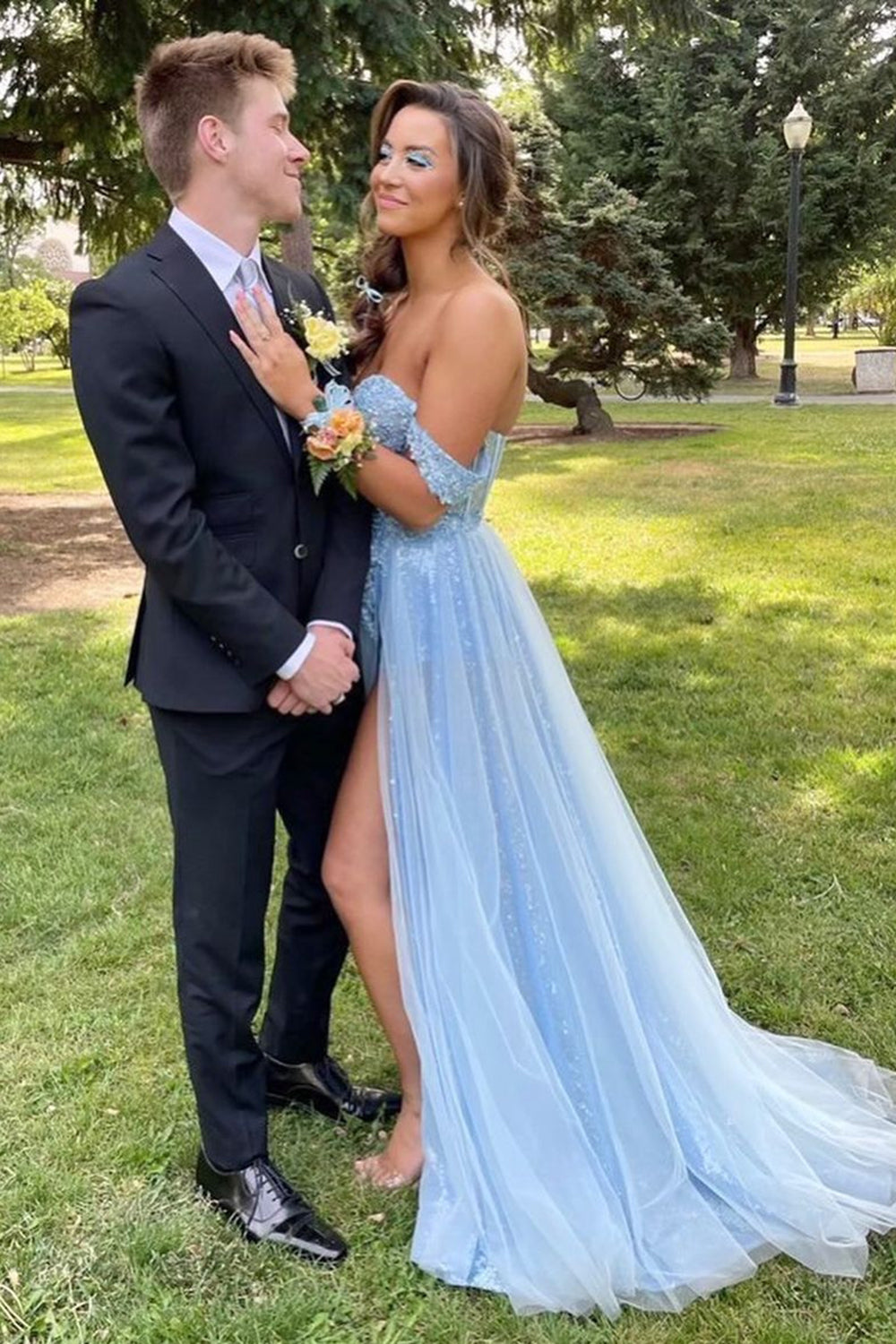Blue Long Prom Dress with Appliues Off-the-Shoulder A-Line and Split Front