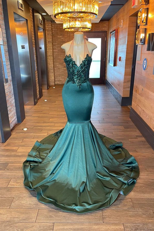Dark Green Sleeveless Halter Mermaid Evening Dress
