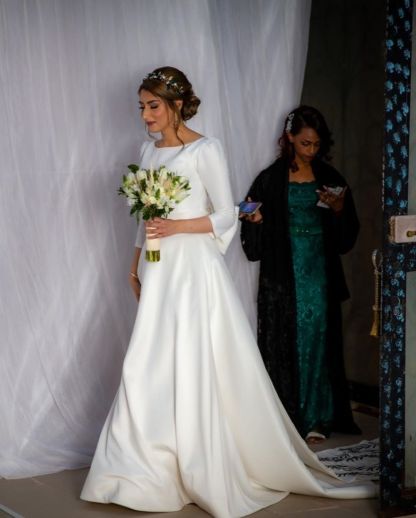 Classic Satin Long A-Line Bateau Wedding Dress with Sleeves