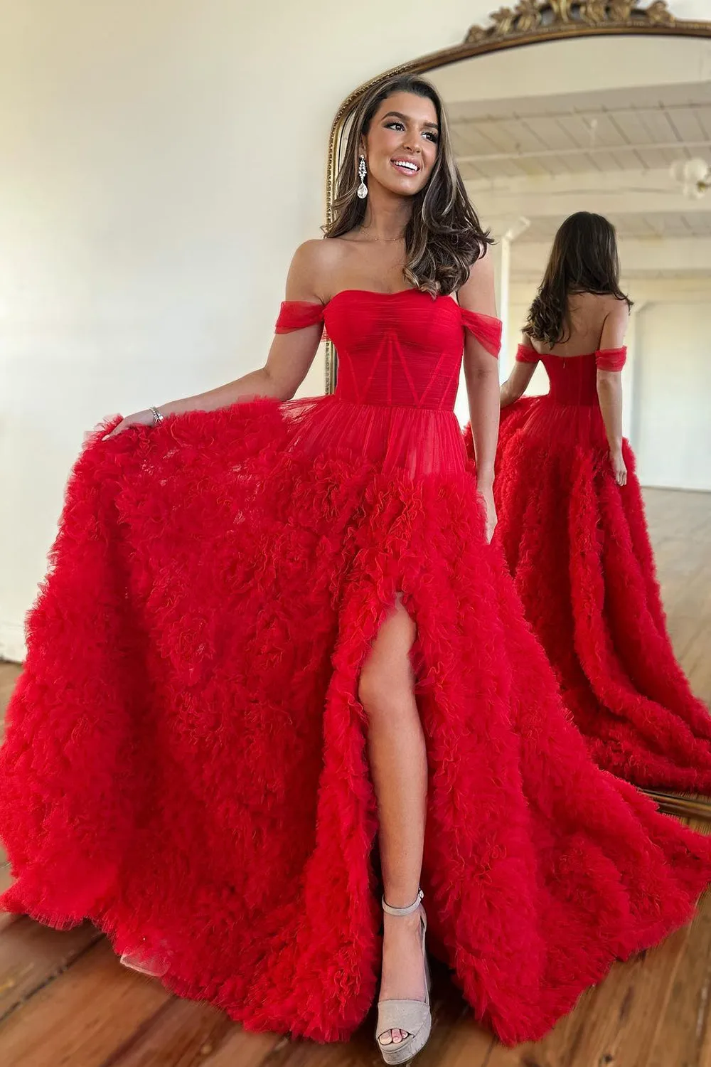 Pink Off-the-Shoulder Princess Corset Prom Dress with A-Line Ruffles