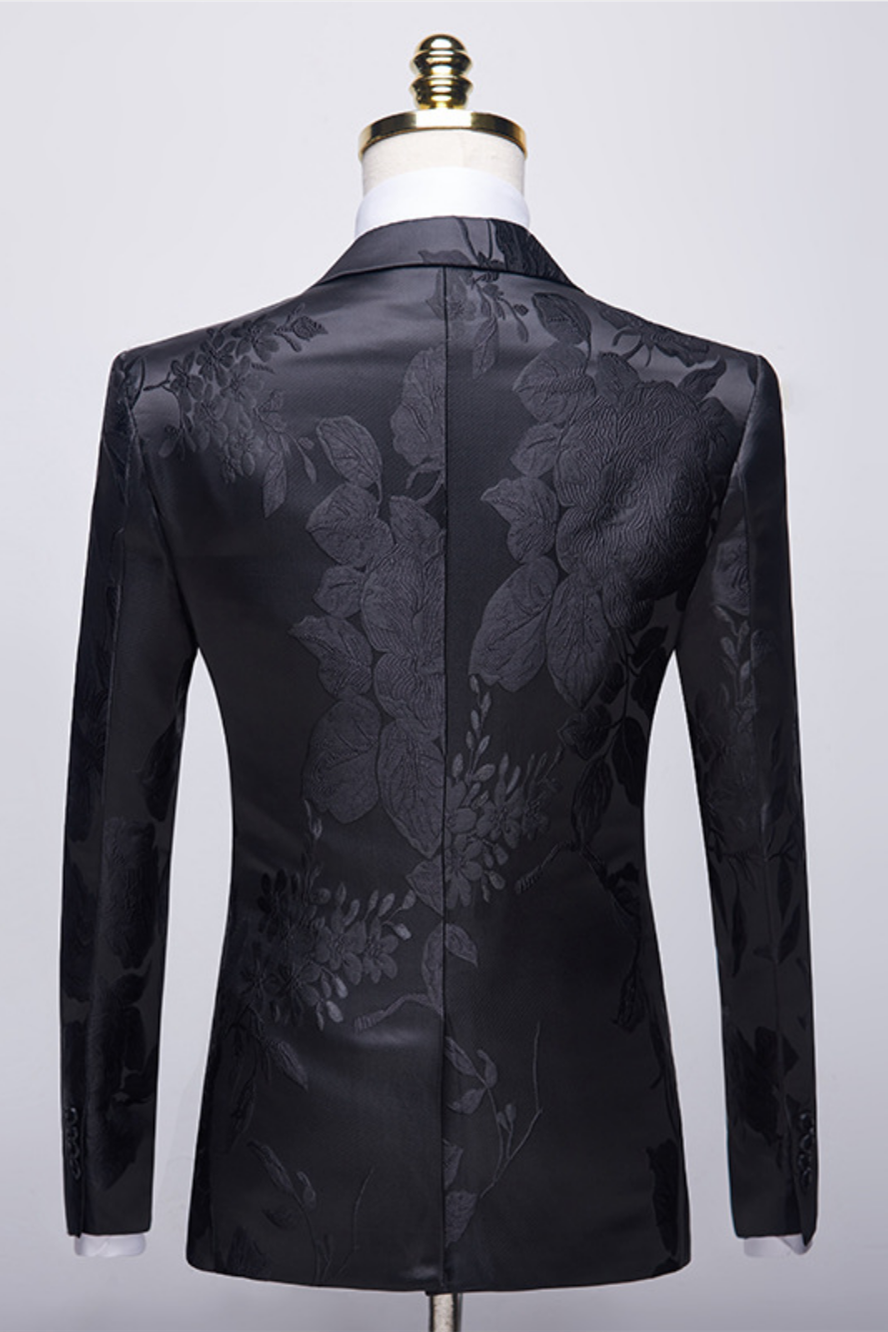 Stylish Notched-Lapel Two-Button Men's Suits with Floral Jacquard (Black Wedding Tuxedo)