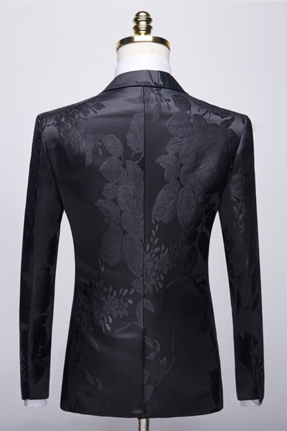 Stylish Notched-Lapel Two-Button Men's Suits with Floral Jacquard (Black Wedding Tuxedo)