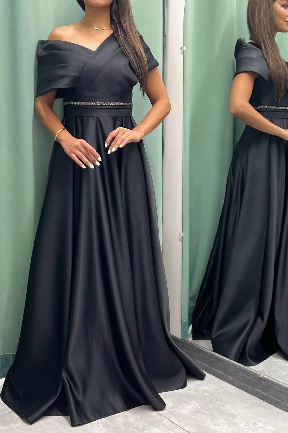 Long Elegant Evening Dress Pleat Off-The-Shoulder