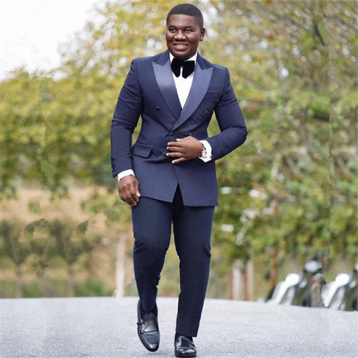 Stylish Silk Navy Blue Lapel Reception Suit Double Slim Fit with Breasted Peaked