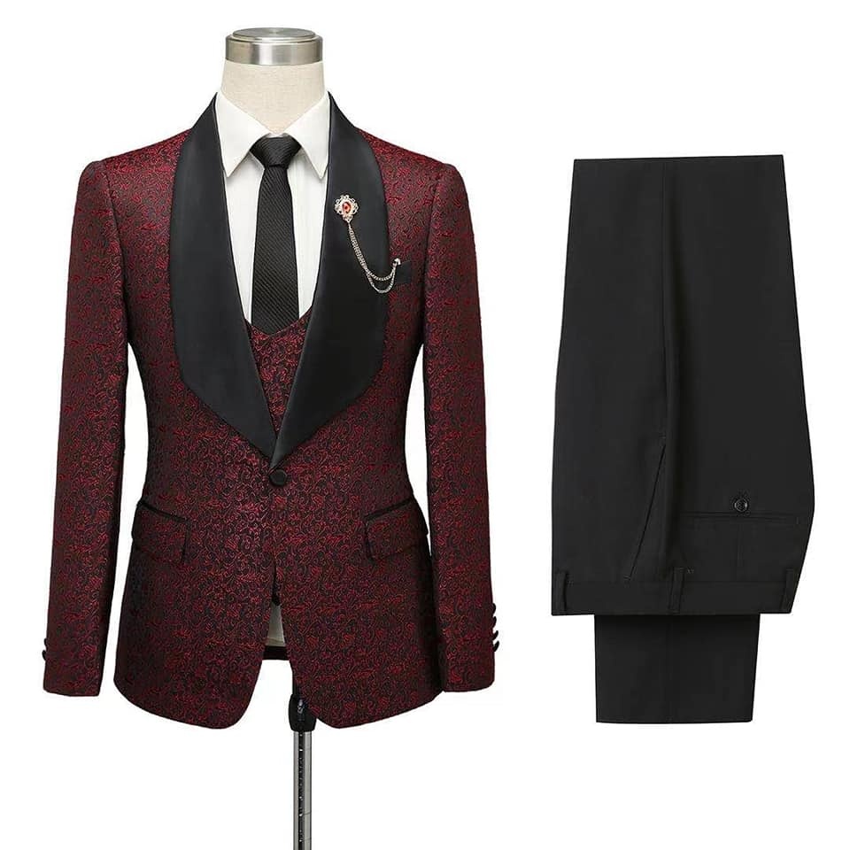 Unique Burgundy Shawl Lapel Jacquard One-Button Wedding Tuxedo