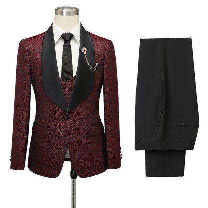 Unique Burgundy Shawl Lapel Jacquard One-Button Wedding Tuxedo