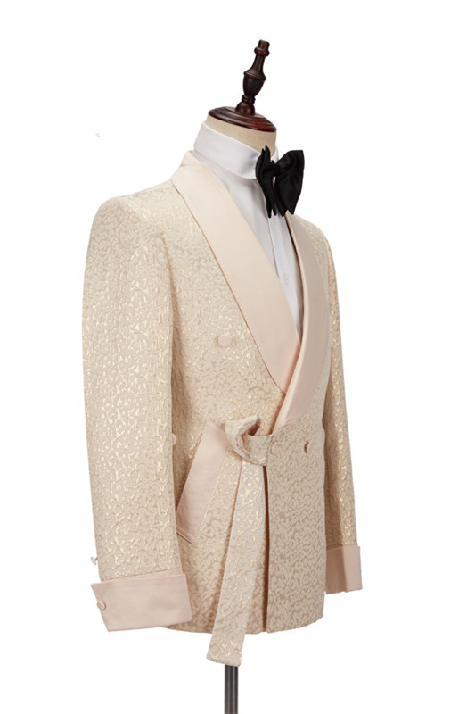 Stylish Champagne Shawl-Lapel Slim Jacquard Wedding Tuxedo for Men