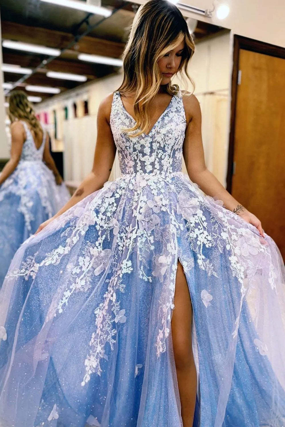 Blue Long Prom Dress with Appliques in a Deep V Neck A-Line Style