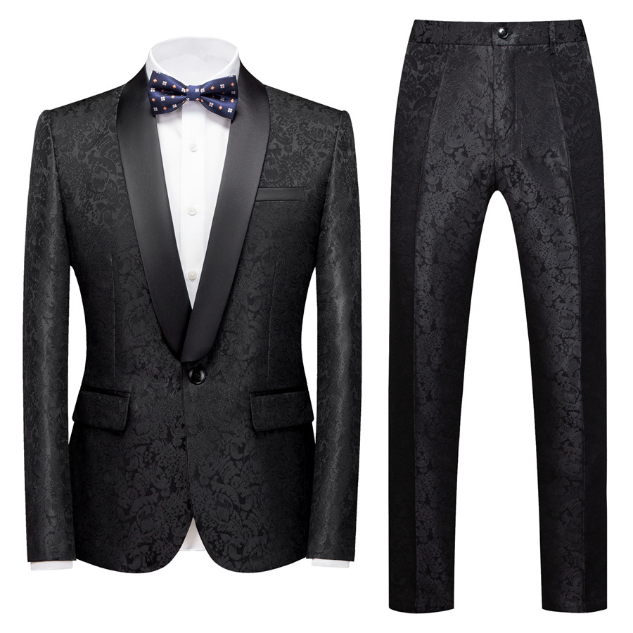 Classic Colin Shawl Lapel Black Jacquard Wedding Men's Suits