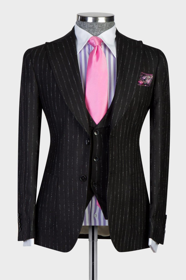 Modern Slim Fit Black Stripe Peaked Lapel Three-Piece Men's Suits