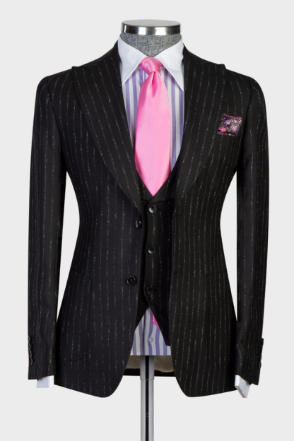 Modern Slim Fit Black Stripe Peaked Lapel Three-Piece Men's Suits
