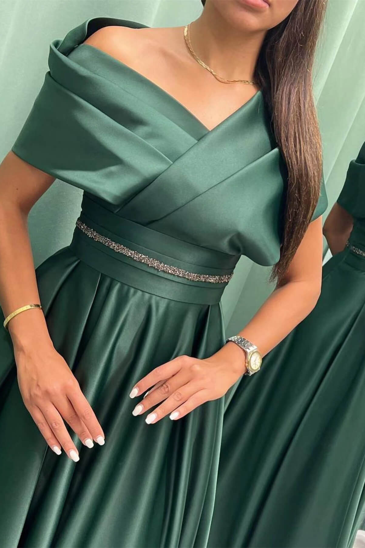 Long Elegant Evening Dress Pleat Off-The-Shoulder