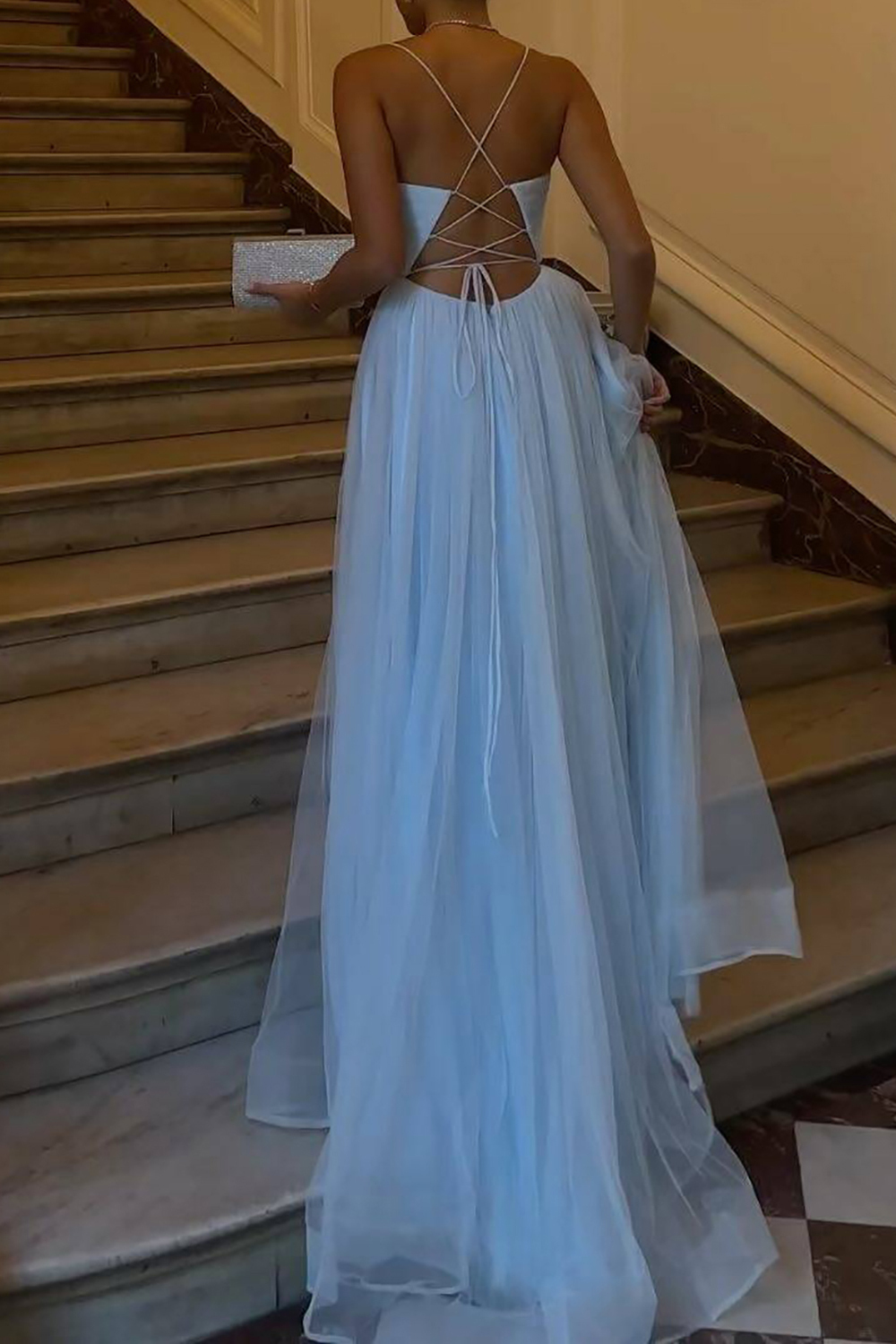 Sky Blue Long Prom Dress with Elegant A Line and Spaghetti Straps Featuring a Split Front