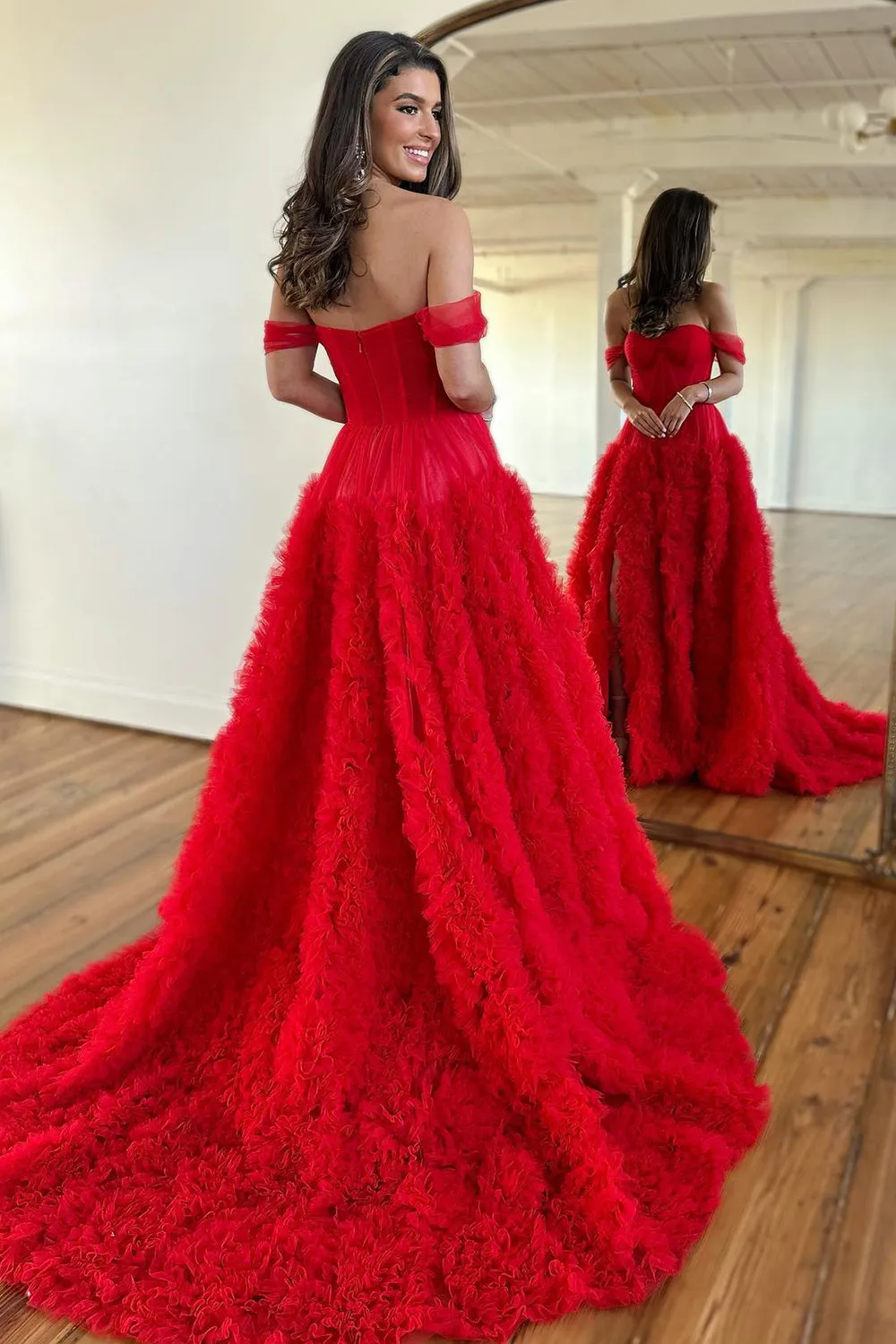 Pink Off-the-Shoulder Princess Corset Prom Dress with A-Line Ruffles