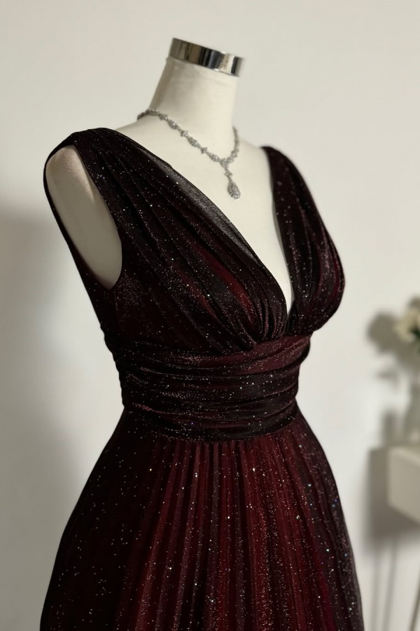 Red Black V-Neck Glittery Evening Dress