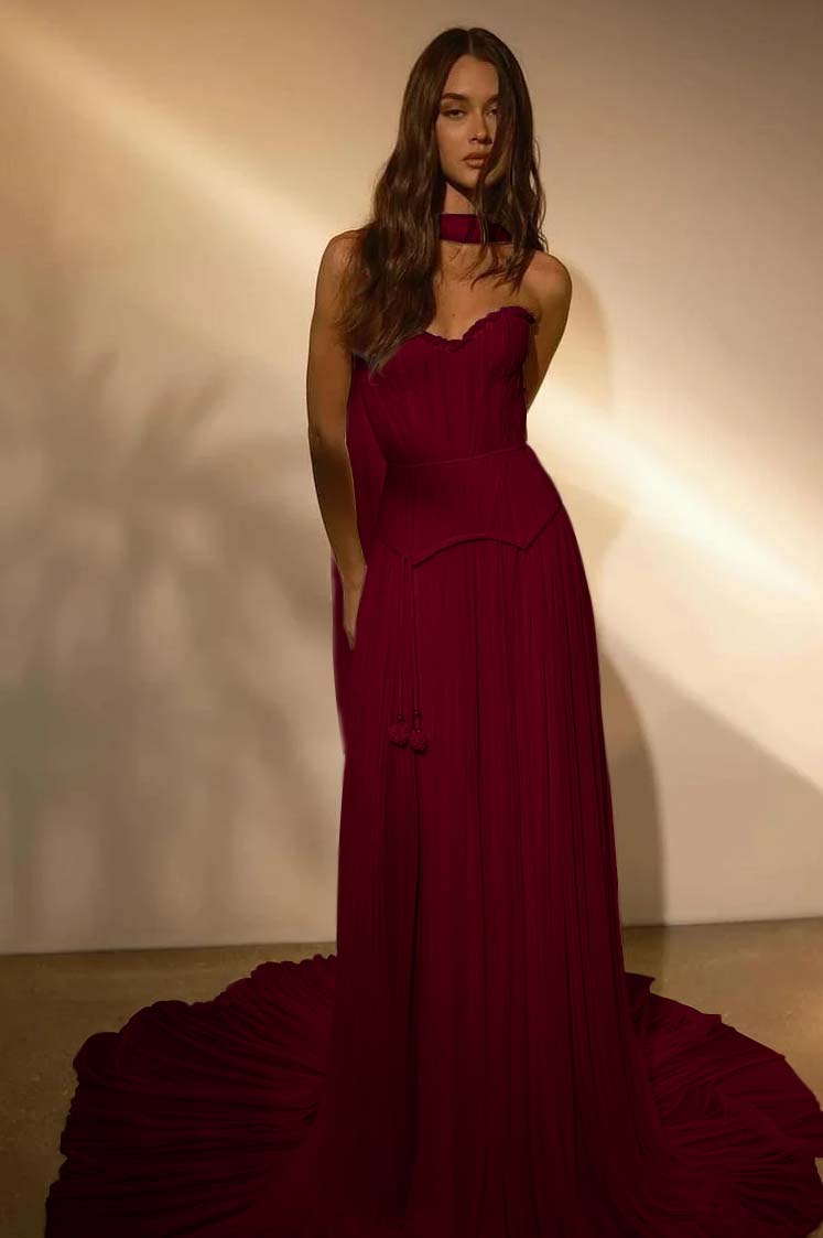 Chiffon Strapless Sleeveless Long Formal Dress With Belt Ruffles