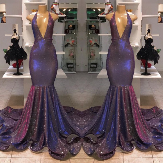 Halter V-Neck Mermaid Evening Dress With Sequins