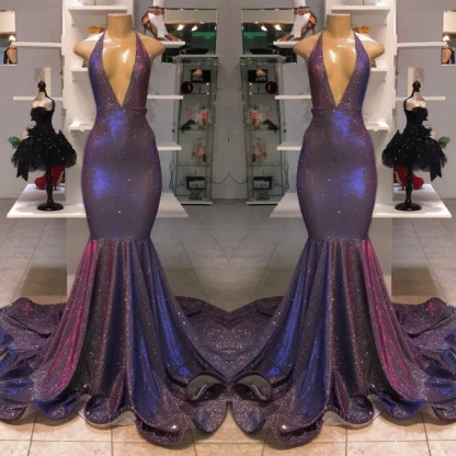 Halter V-Neck Mermaid Evening Dress With Sequins