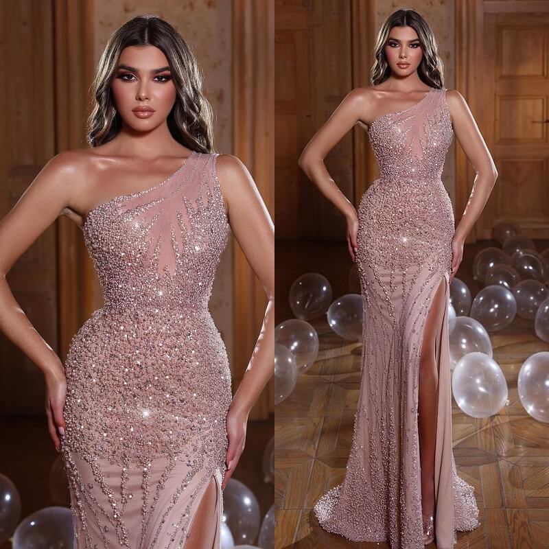 One Shoulder Pink Pearl Sequins Mermaid Evening Dress With Beads Split
