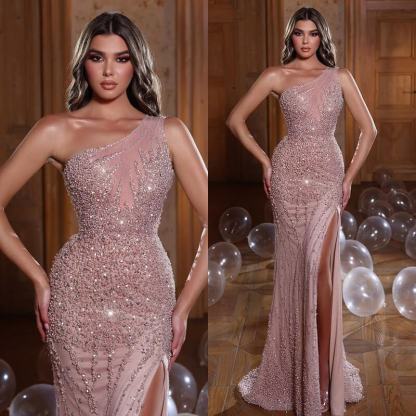 One Shoulder Pink Pearl Sequins Mermaid Evening Dress With Beads Split