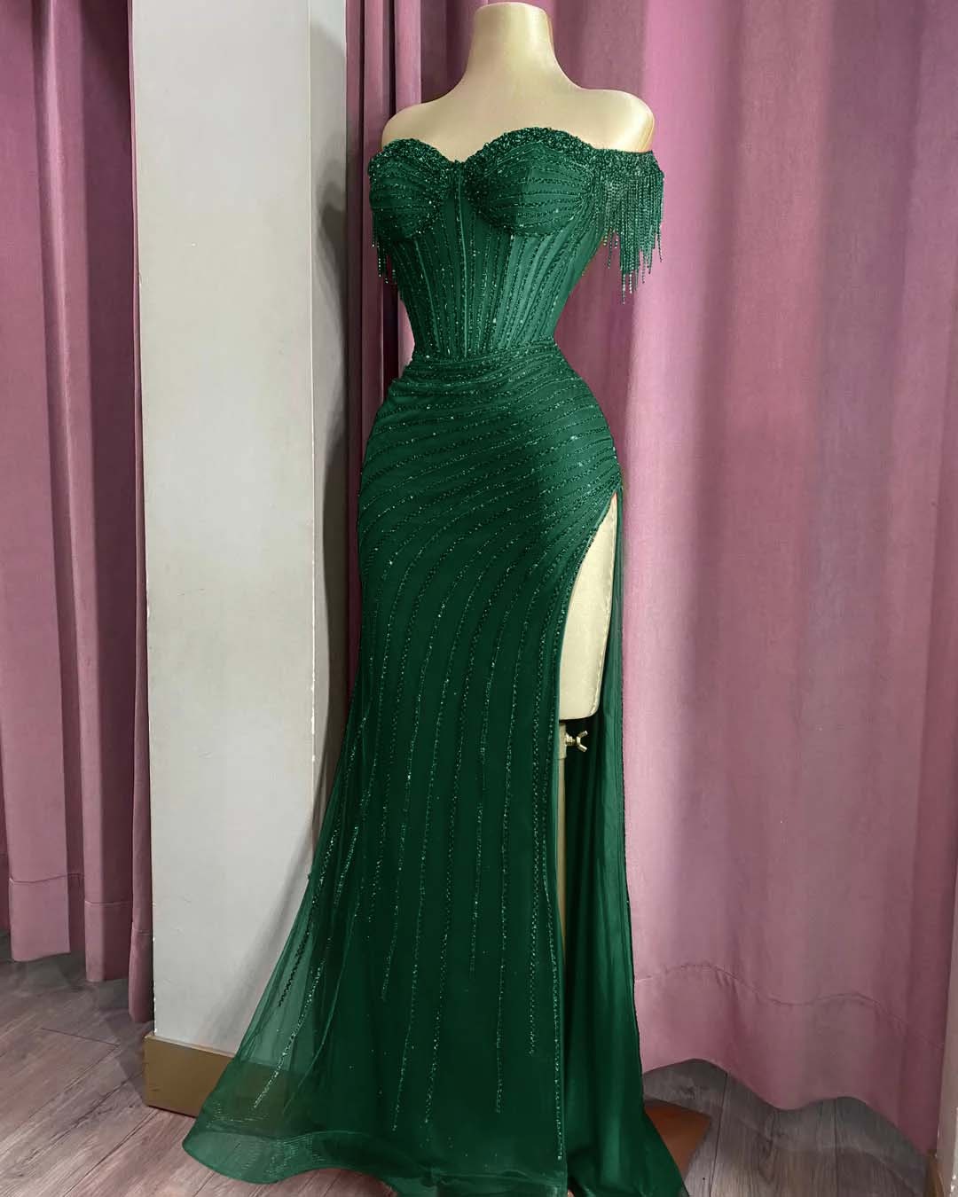 Off the Shoulder Sleeveless Long Split Formal Dress With Beading