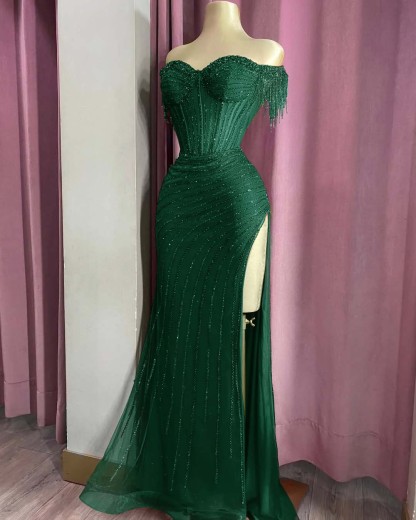 Off the Shoulder Sleeveless Long Split Formal Dress With Beading