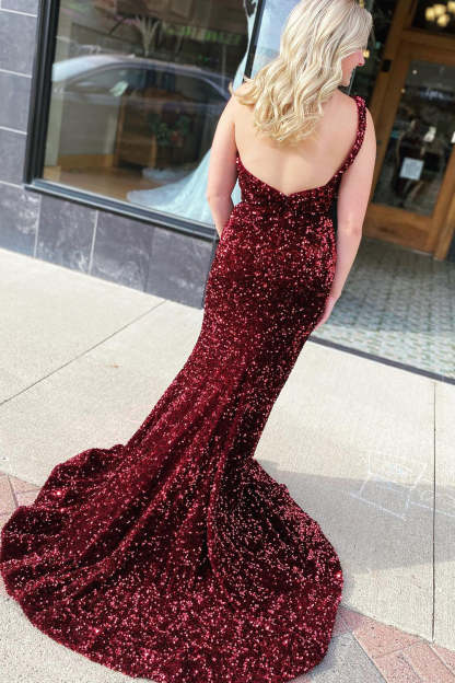 Fuchsia Sequined Mermaid Prom Dress with One Shoulder and Slit