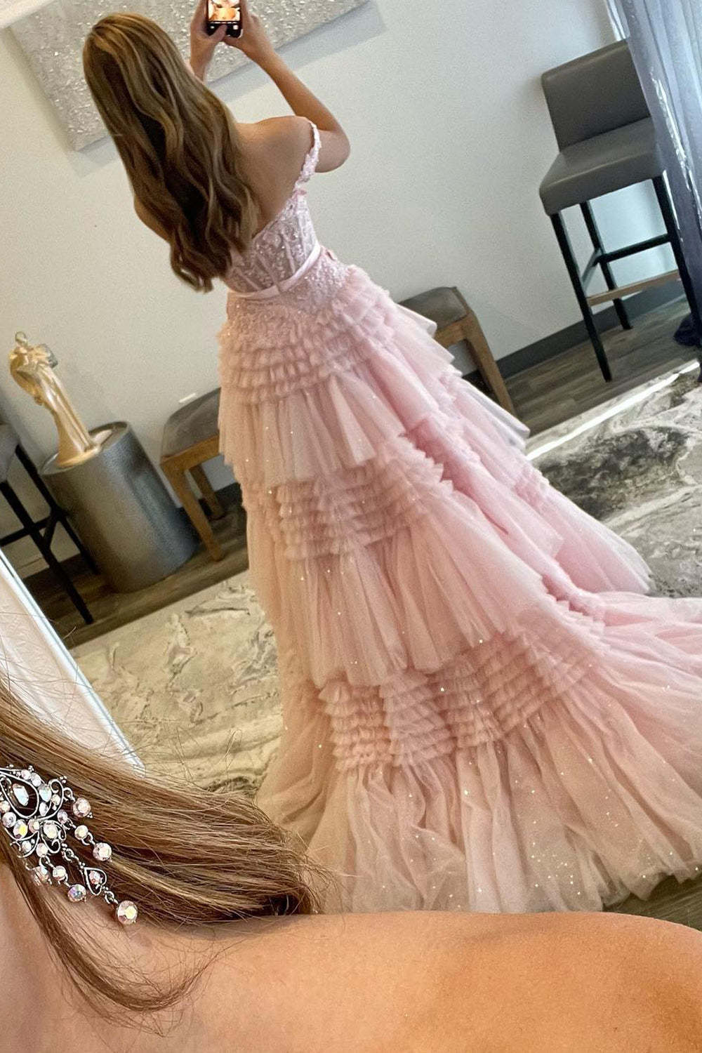 Light Pink Long A-Line Prom Dress with Ruffles and Off-the-Shoulder Princess Neckline