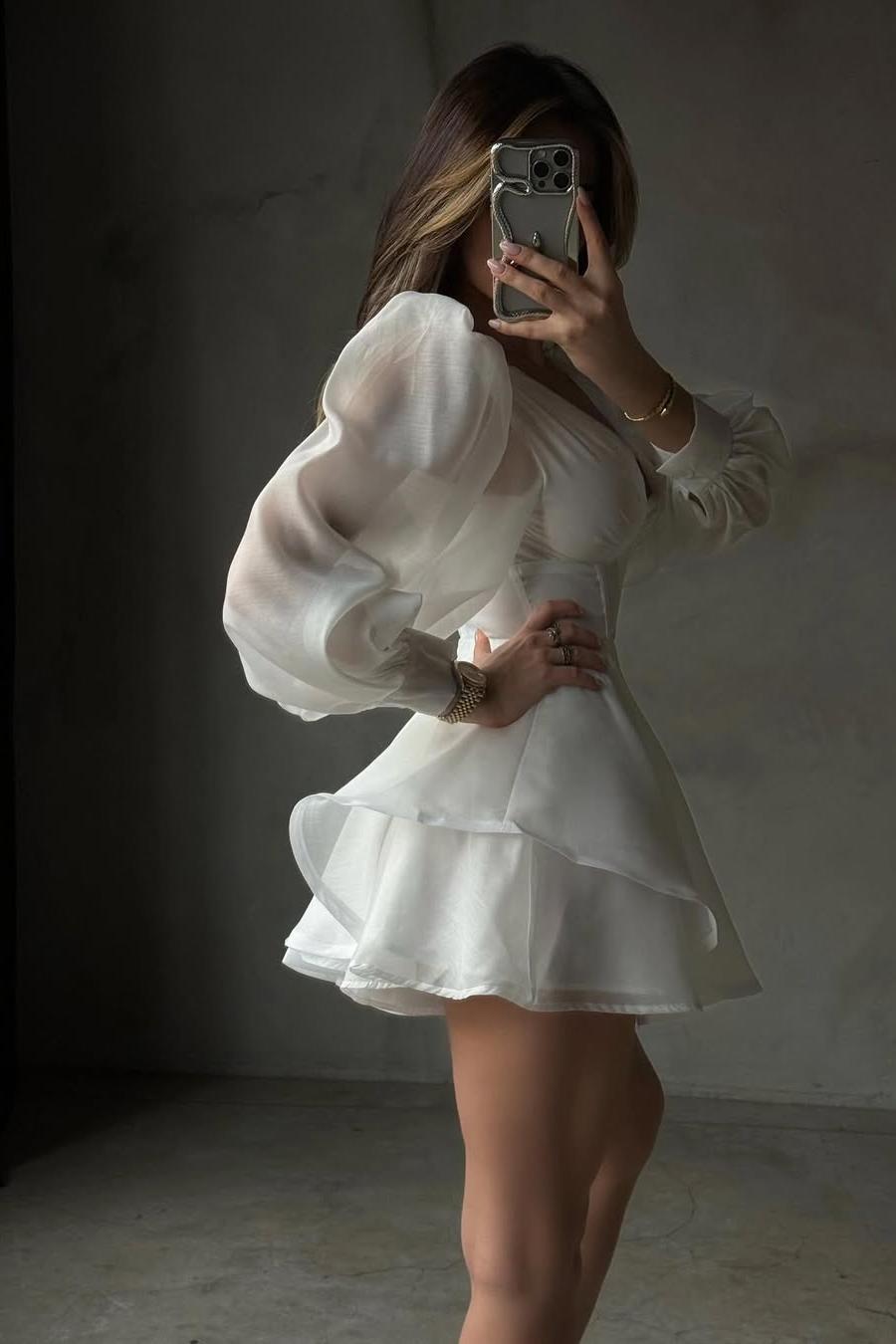 White Long Sleeves V Neck Short Formal Dress With Ruffles Pleated